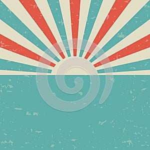 Sunlight retro faded grunge poster. blue and red color burst background.