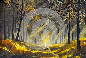 Sunlight road in Spring summer sunny forest park. Oil paintings landscape photo
