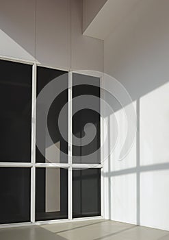 Light and shadow on surface of black tinted glass with white concrete wall of office building entrance door in vertical frame