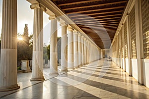 Sunlight shines through columns in long white corridor