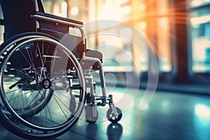 Sunlight shines through a window onto an empty wheelchair in a hospital corridor