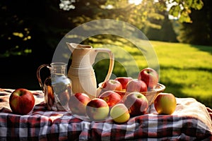 sunlight shining on cider pitcher, apples, and picnic blanket