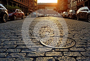 Sunlight shining on a cobblestone street and manhole cover in New York City