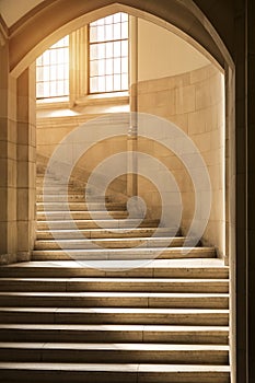 Sunlight shining through windows onto a classic, gothic style stone stairway curving upward through an archway