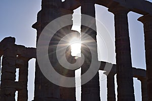 Sunlight through Sounion the ancient Greek temple of Poseidon