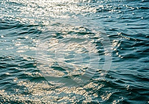 Sunlight sparkles on a gently rippling, deep blue ocean surface,