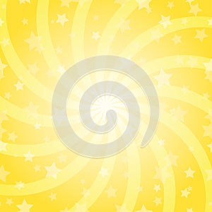 Sunlight spiral horizontal background. Orange color burst background with shining stars