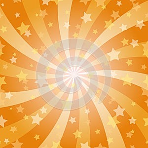 Sunlight spiral horizontal background. Orange color burst background with shining stars
