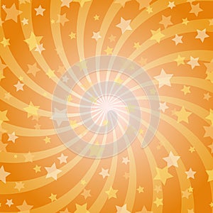 Sunlight spiral horizontal background. Orange color burst background with shining stars