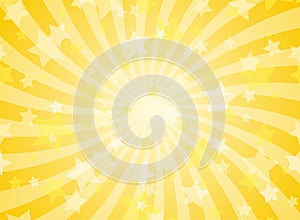 Sunlight spiral horizontal background. Powder yellow color burst background with shining stars