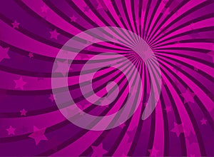 Sunlight spiral horizontal background. Purple and violet color burst background with shining stars