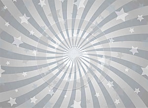 Sunlight spiral horizontal background. Silver grey color burst background with shining stars