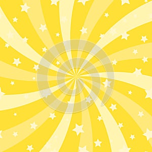 Sunlight spiral horizontal background. Yellow color burst background with shining stars