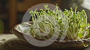 Sunlight on sprouting microgreens in a ceramic dish., Generated AI