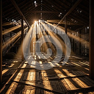 Sunlight streaming through an abandoned barn