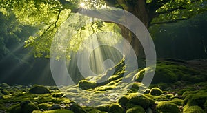 Sunlight streaming through an ancient tree in a serene forest