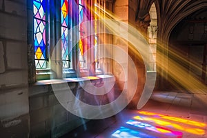sunlight streaming through a colorful, intact stainedglass window photo