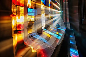 sunlight streaming through a colorful, intact stainedglass window photo