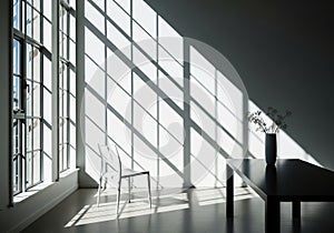 Sunlight streaming through large windows casting dramatic geometric shadows on the floor and wall of an empty room creating a