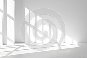 Sunlight streaming through large windows creates geometric shadows on white walls and floor