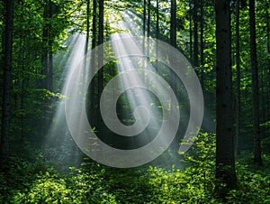 Sunlight streaming through lush green forest