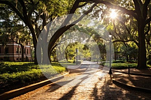 Sunlight streaming through old oak trees in a park in Florida. Beautiful savannah landscape view on a sunny day, AI
