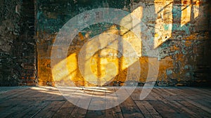 Sunlight streaming onto a distressed yellow and teal wall