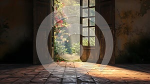 Sunlight streaming through an open door onto a rustic floor in a serene setting. a tranquil and inviting image with