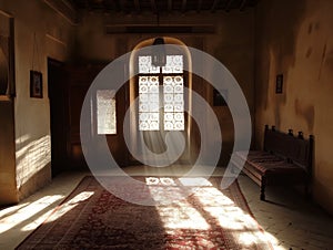 Sunlight Streaming Through Traditional Ornate Window