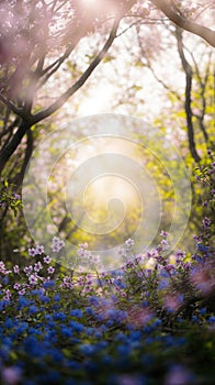 Sunlight Streaming Through Trees and Flowers