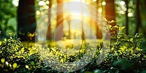 Sunlight Streaming Through Verdant Forest, Unfocused Green Trees and Wild Grass, Serene Summer Spring Natural Park Background