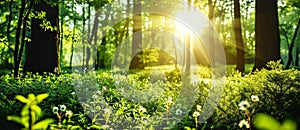 Sunlight Streaming Through Verdant Forest, Unfocused Green Trees and Wild Grass, Serene Summer Spring Natural Park Background