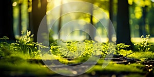 Sunlight Streaming Through Verdant Forest, Unfocused Green Trees and Wild Grass, Serene Summer Spring Natural Park Background