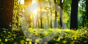 Sunlight Streaming Through Verdant Forest, Unfocused Green Trees and Wild Grass, Serene Summer Spring Natural Park Background