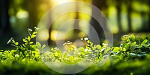 Sunlight Streaming Through Verdant Forest, Unfocused Green Trees and Wild Grass, Serene Summer Spring Natural Park Background