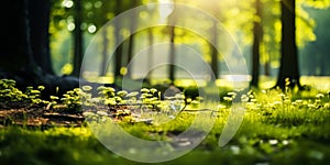 Sunlight Streaming Through Verdant Forest, Unfocused Green Trees and Wild Grass, Serene Summer Spring Natural Park Background