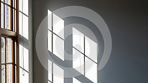 Sunlight streaming through a window casting geometric shadows on a wall