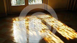 Sunlight streaming through a window and casting patterns on the floor.