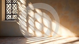 Sunlight Streaming Through a Window with Lattice Pattern Casting Shadows on a Wall and Floor