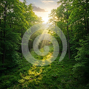 Sunlight streams through the canopy of a lush forest, creating a path of light on the