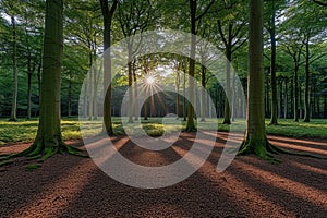 Sunlit Beech Forest Path at Dawn, Golden Hour Light