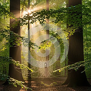 Foliage of a tranquil forest illuminating a large spider web woven