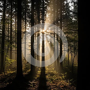 The interplay of light and shadow typical of a forest environment