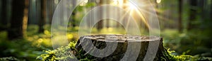 Sunlight streams through a forest, illuminating a mossy tree stump