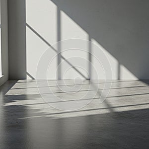 Sunlight streams through large, grid-patterned windows, casting geometric shadows on