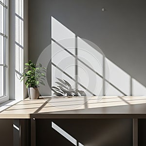 Sunlight streams through a large window, casting grid-like shadows on a light gray