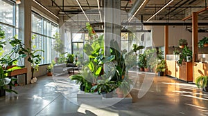 Sunlight streams in through large windows illuminating the various plants tered throughout the openconcept workspace