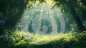 Sunlight streams through a lush forest glade photo