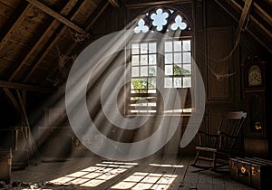 Sunlight streams through an ornate window