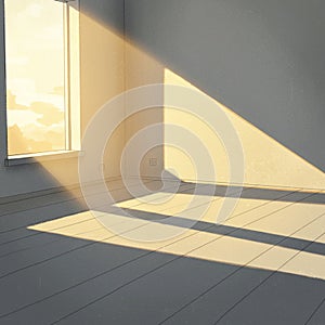 Sunlight streams through a rectangular window, casting a sharp, geometric shadow